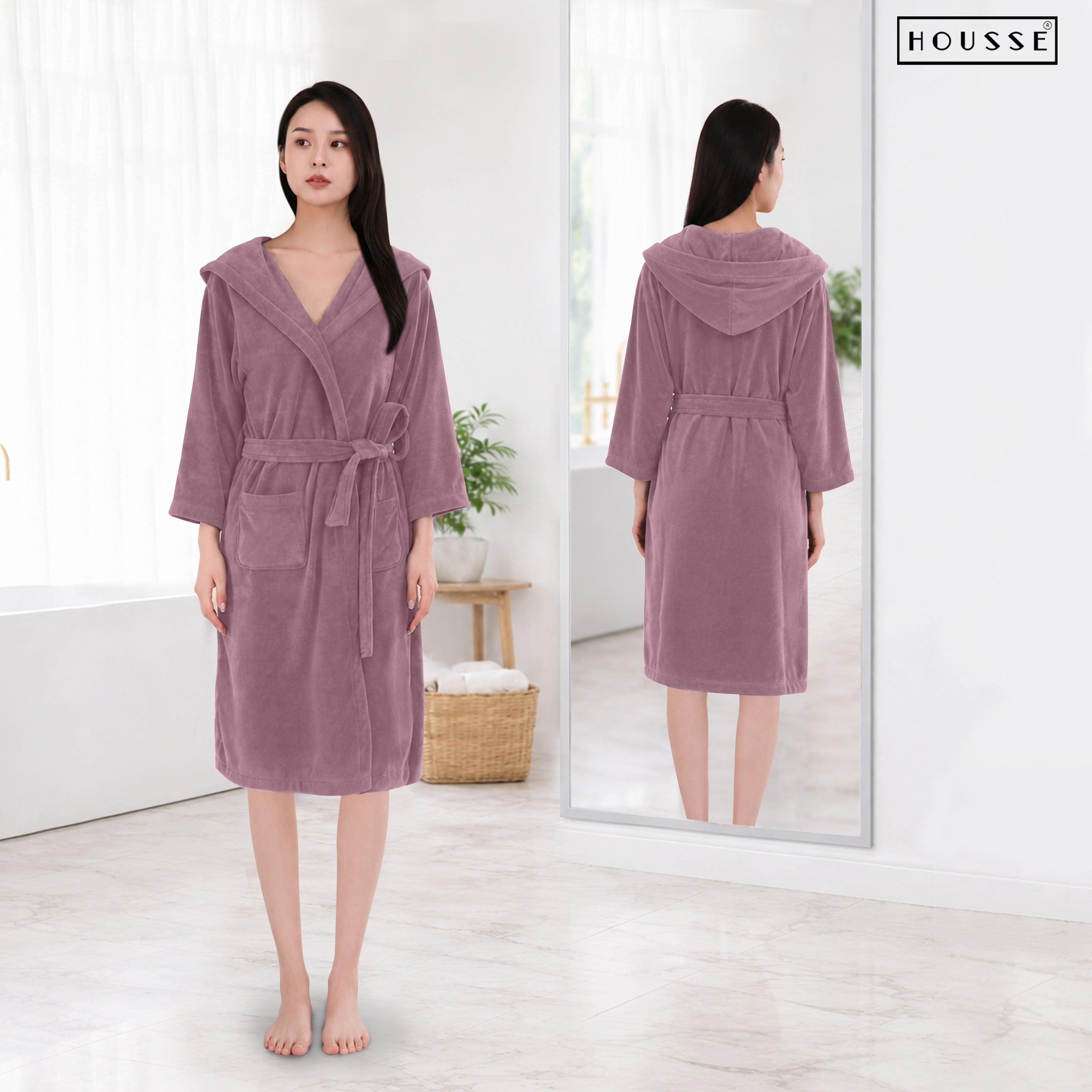 HOUSSE Bathrobe | 450 GSM Microfiber Bathrobe For Women & Men | Super Soft Bathrobe With Hoodie And Belt | Highly Absorbent, Lightweight & Warm | 102 cm Long | Size-L | Pack of 1