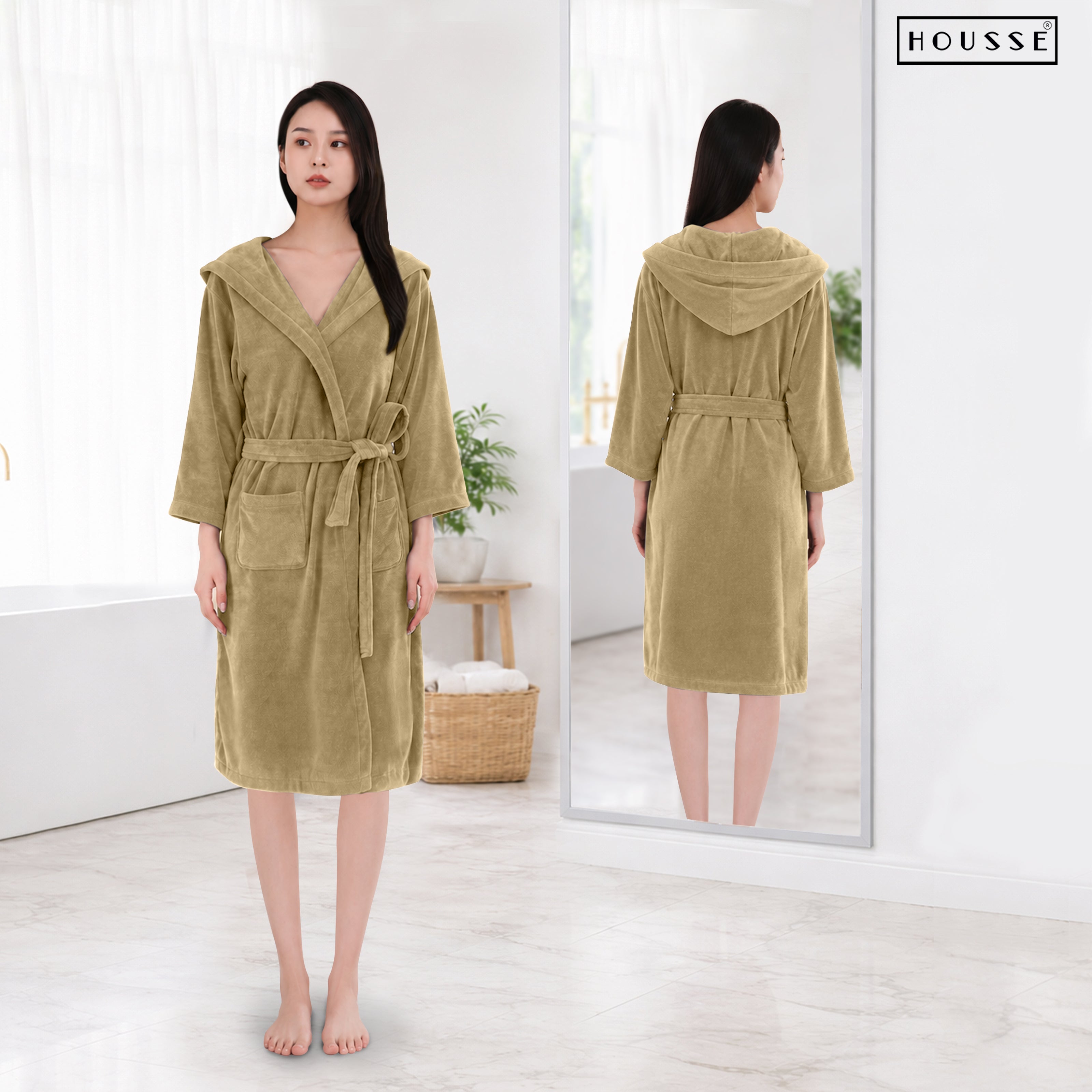 HOUSSE Bathrobe | 450 GSM Microfiber Bathrobe For Women & Men | Super Soft Bathrobe With Hoodie And Belt | Highly Absorbent, Lightweight & Warm | 102 cm Long | Size-L | Pack of 1