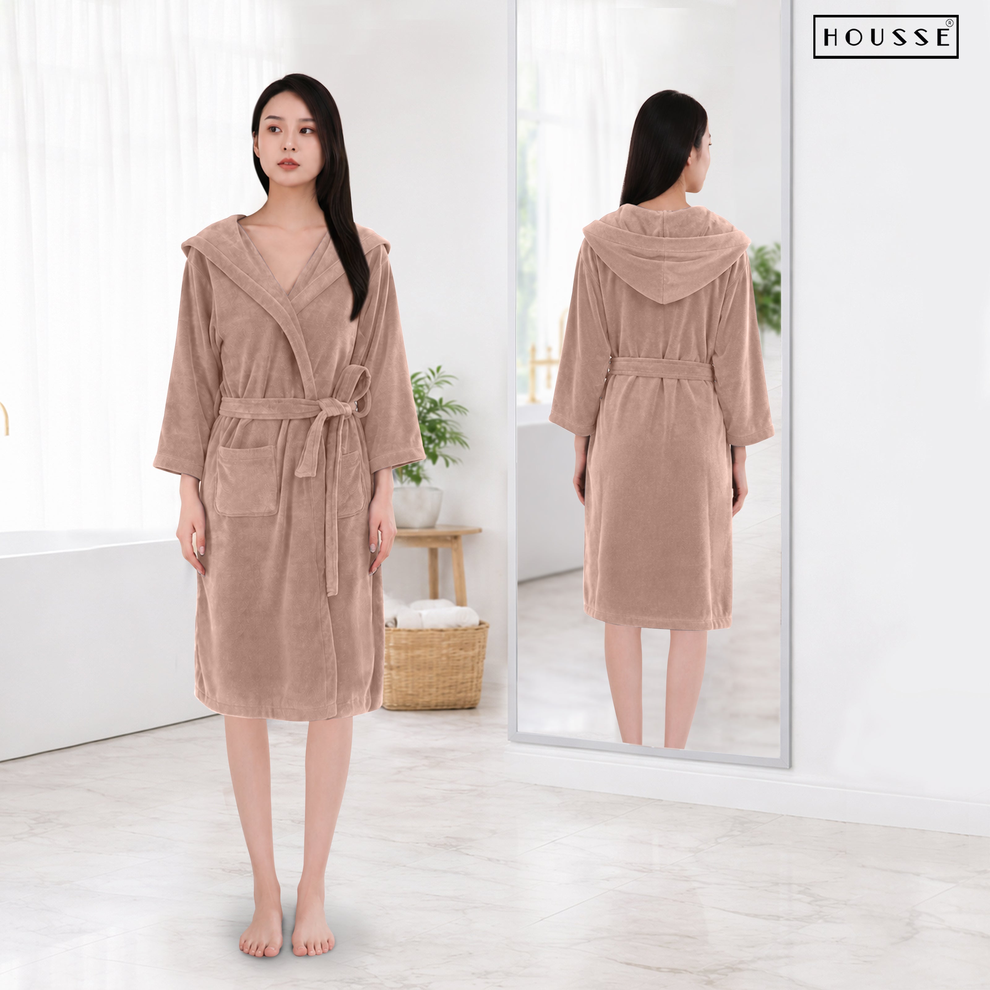 HOUSSE Bathrobe | 450 GSM Microfiber Bathrobe For Women & Men | Super Soft Bathrobe With Hoodie And Belt | Highly Absorbent, Lightweight & Warm | 102 cm Long | Size-L | Pack of 1