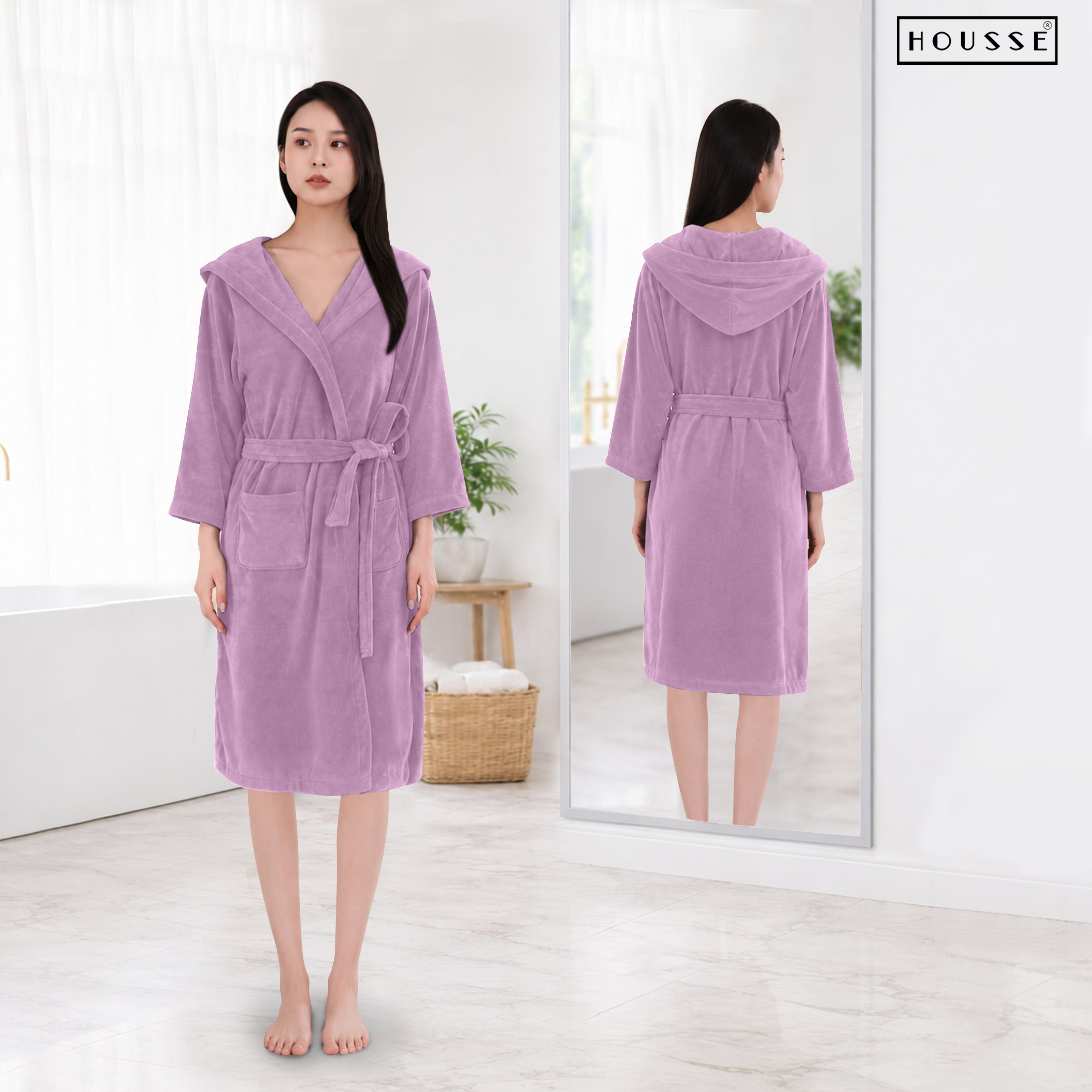 HOUSSE Bathrobe | 450 GSM Microfiber Bathrobe For Women & Men | Super Soft Bathrobe With Hoodie And Belt | Highly Absorbent, Lightweight & Warm | 102 cm Long | Size-L | Pack of 1