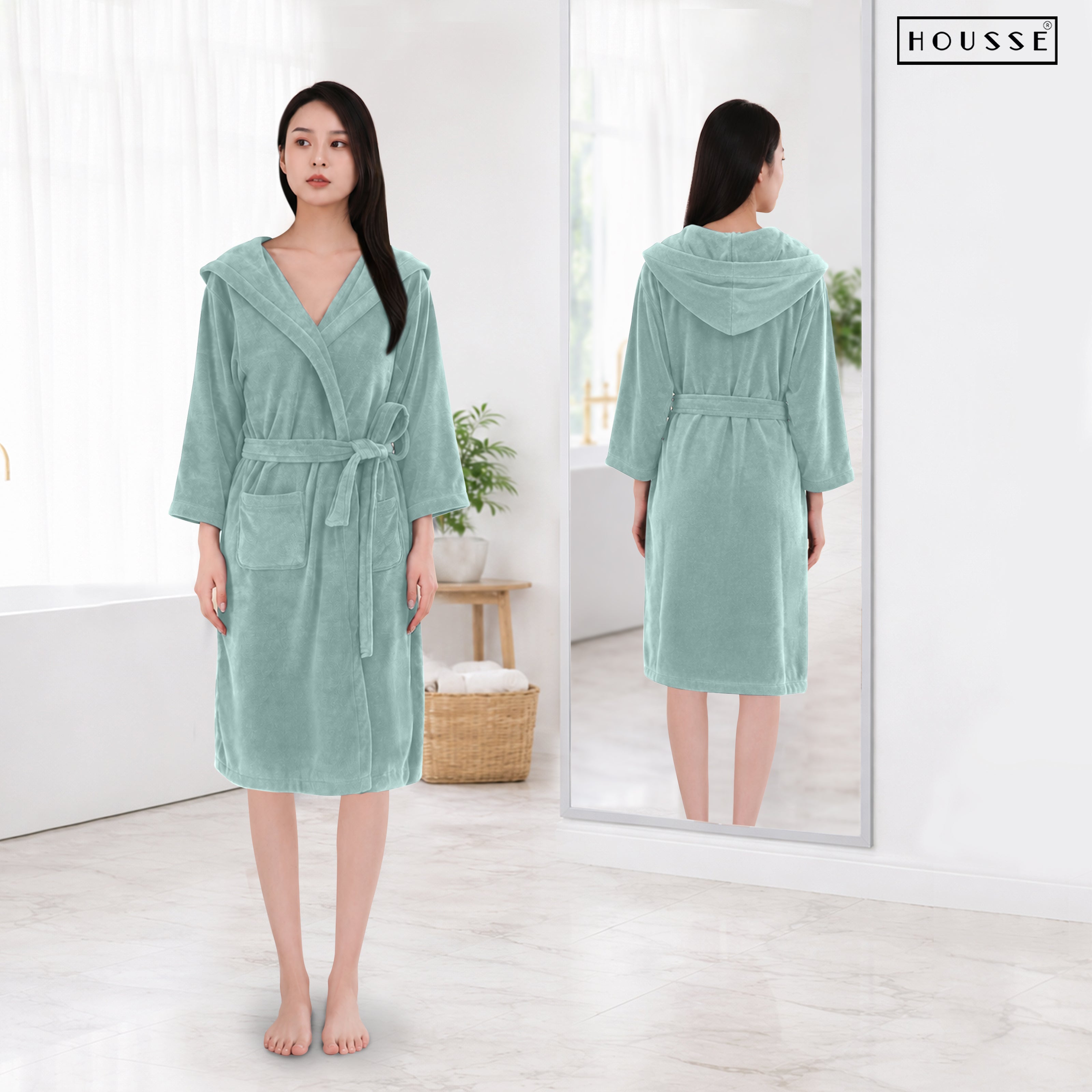 HOUSSE Bathrobe | 450 GSM Microfiber Bathrobe For Women & Men | Super Soft Bathrobe With Hoodie And Belt | Highly Absorbent, Lightweight & Warm | 102 cm Long | Size-L | Pack of 1
